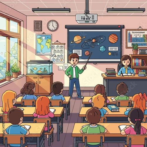 Young boy presents a lesson on the solar system to classmates in a sunlit classroom.