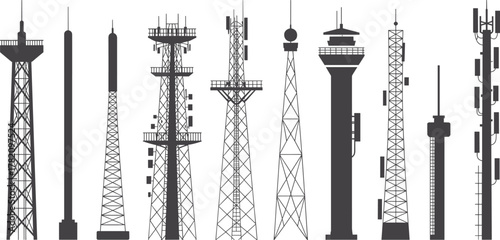 Set of various communication and transmission towers silhouette collection, including radio, cell, and observation towers for telecommunication and network design