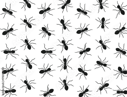 Seamless pattern of black ant silhouettes isolated on white background, detailed insect vector design for nature, wildlife, and entomology concepts