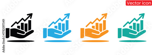 Growing business graph held in hand for financial success and growth,Info graphic icon vector set.Containing graph report,pie chart,diagram,and information of statistical analysis,