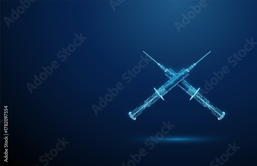 Two crossed syringes. Vaccination, immunization, medical research, insulin injection, hormone therapy, healthcare, protection, prevention concept.