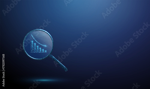 3d blue magnifying glass with downward-trending chart inside Financial analysis, economic decline, risk assessment, market monitoring, investment evaluation concept