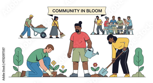 Diverse group of people working together to plant flowers and nurture nature in a thriving community garden setting