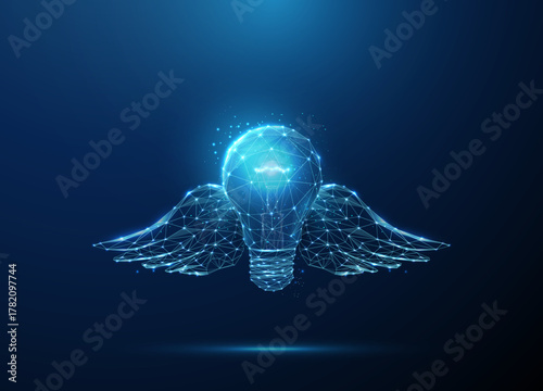 Glowing light bulb with wings. Idea generation, imagination, visionary thinking, entrepreneurship, problem-solving, motivation, breakthrough concept.