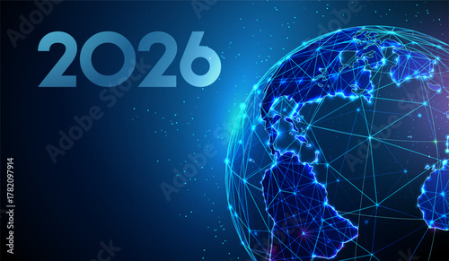 2026 New Year gbanner with planet. Global unity, sustainability, environmental awareness, international development, world progress, future innovation concept.