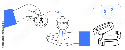 Hand with dollar coin exchanging for token, stack of coins, and global network. Ideal for cryptocurrency, blockchain, digital finance, asset exchange, virtual economy, fintech simple flat metaphor
