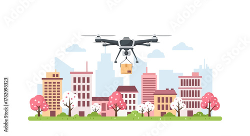 Future of Delivery Drone Transporting Package Over a City Skyline with Buildings and Trees