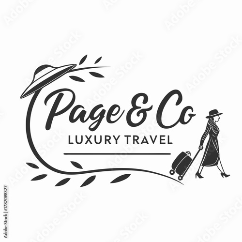 Elegant page co luxury travel logo with woman and suitcase