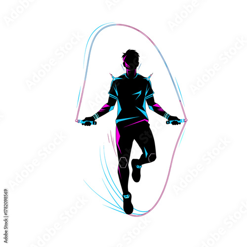 Vibrant Vector Fitness Illustration of Person Skipping Rope with Neon Pink and Blue Lines on Transparent Background
