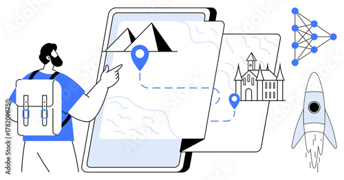 Backpacker pointing to a tablet displaying map and landmarks. Nearby are a neural network graphic and a rocket. Ideal for travel, technology, exploration, AI, innovation, education, startups simple