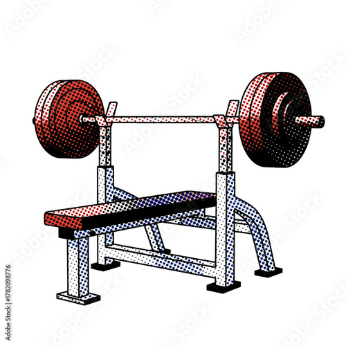 Vector halftone style bench press with barbell and weights for gym fitness on transparent background