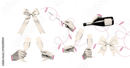 Cut out halftone hands holding champagne glasses. Retro vector illustration for Christmas collage. 