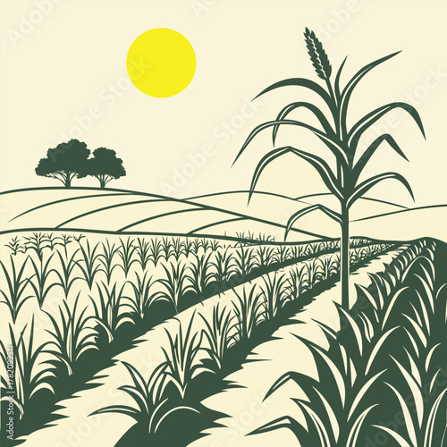agricultural landscape with crop rows tall stalk rolling hills trees and yellow sun in rural scene