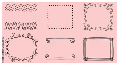 Set of Decorative Frames and Borders for Design Elements, Isolated on Pink Background