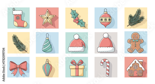 Festive Holiday Icons Christmas Symbols and Decorations in a Colorful Vector Set