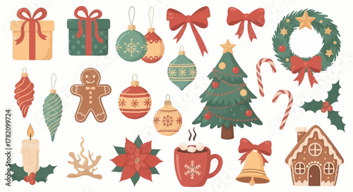 Festive Christmas Decorations Collection Ornaments, Gifts, and Holiday Cheer Elements in Flat Design