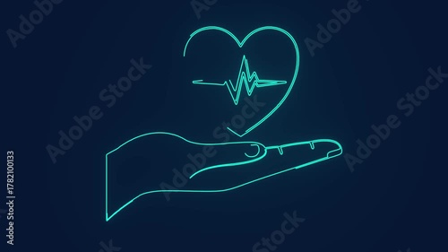 health care hand holding heart with heartbeat line neon animation 