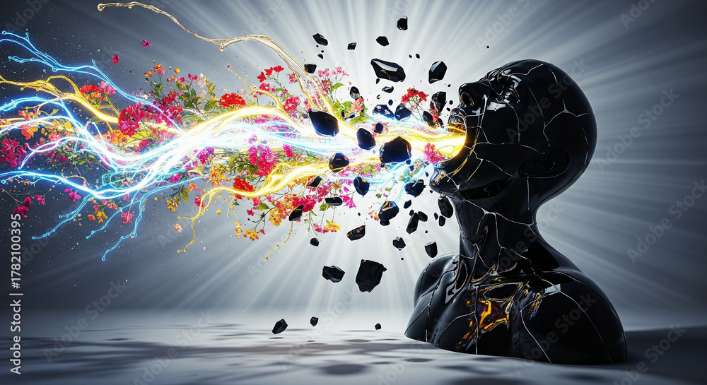 Obraz premium A striking surreal image showcases a cracked, glossy black obsidian statue of a screaming figure, from whose shattered mouth and fractured form erupts a dynamic torrent of vibrant blue and yellow
