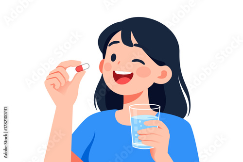 A cheerful woman is holding a pill and a glass of water, ready to take her medication or supplement.