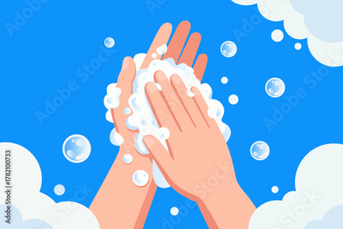 Hands being washed with soap and water, creating bubbles against a blue background with clouds.