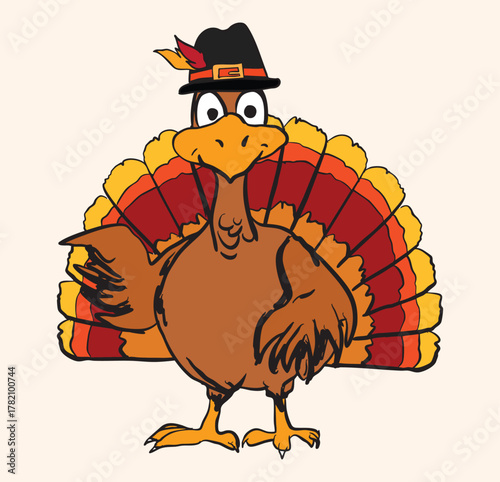 Cute Cartoon Turkey Illustration with Pilgrim Hat