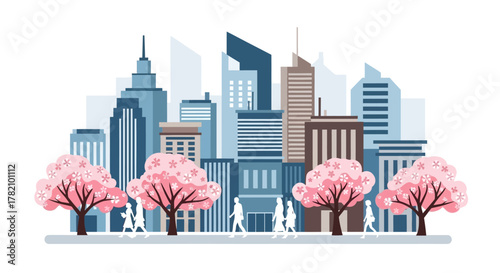 Cityscape with Cherry Blossoms Urban Spring Scene Vector