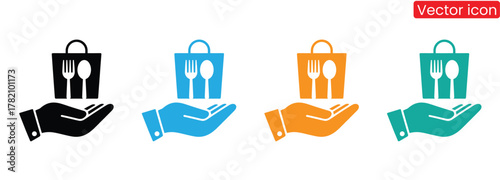 Delicious food delivery service offering convenient takeout packaging,Food delivery by scooter vector icon.Fast shipping service for restaurant clients.Products transportation.Isolated vector 