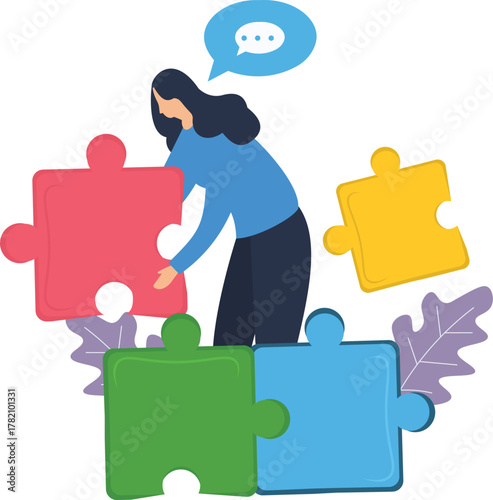 Woman solving puzzle pieces for teamwork and collaboration