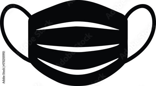 A black and white illustration of a face mask, designed to protect against airborne particles and viruses, promoting safety and health