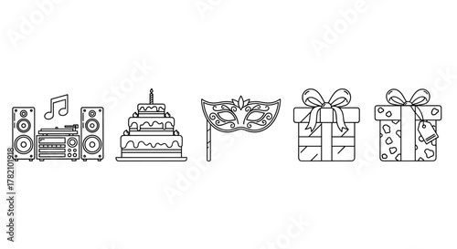 Thin line icon set representing a musical center with speakers and turntable, a tiered birthday cake with a candle, a decorative masquerade mask on a stick, and two gift boxes, one with a bow and