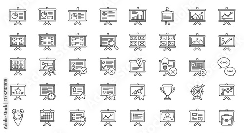 Presentation Board Outline Icon Collection: A Comprehensive Set of Editable Stroke Vector Graphics Perfect for Infographics, Articles, Books, Flyers, Banners, and Vector Cartoon Illustrations
