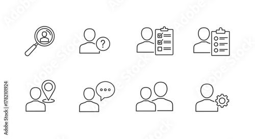 Collection of clean line icons representing various human resource and business concepts, including person search, location, communication, teamwork, and task management, presented on a white