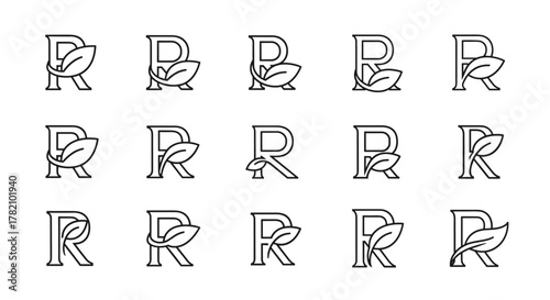 Set of 15 elegant R monograms with leaves, presented in a clean, modern line art style on a white background, perfect for branding and design projects seeking a natural and sophisticated aesthetic.