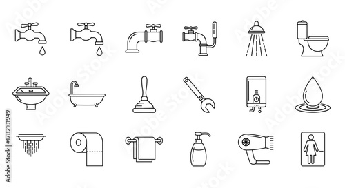 Set of minimalistic linear icons representing plumbing and bathroom essentials, including faucets, pipes, sinks, bathtubs, toilets, showers, water drops, toilet paper, towels, soap dispensers, hair