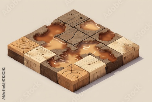 Detailed Artistic Representation of Wooden Blocks with Liquid Puddle