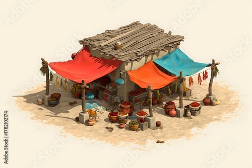 Colorful Market Stall with Spices, Fruits, and Vibrant Canopies