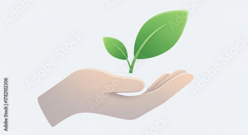 A hand gently cradles a small plant with vibrant green leaves, representing growth, nature, and environmental sustainability