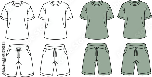 Men t-shirt and shorts flat sketch front and back, activewear clothing template, casual summer outfit technical drawing, garment fashion vector design