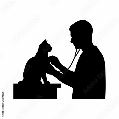 silhouette vector of a male veterinarian examining a pet cat