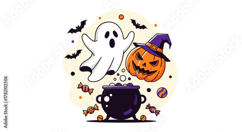 Halloween Night Scene with Ghost, Pumpkin, Cauldron, Bats, and Candy Illustration
