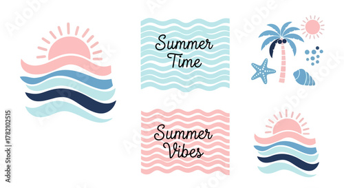 Summer Vibes Sun, Sea, and Palm Tree Vector Illustration