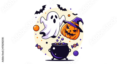 Halloween Festive Vector Graphics Ghost, Pumpkin, Cauldron, and Bats