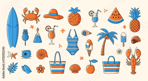 Summer Vacation Icons Beach, Food, and Activities for a Perfect Getaway