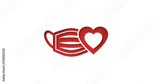 Red mask and heart icon, symbolizing love, protection, and safety during the pandemic, promoting health awareness