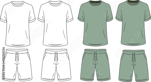 T-shirt and shorts fashion flat sketch, unisex summer clothing set template, casual outfit technical drawing, apparel vector illustration, front and back view