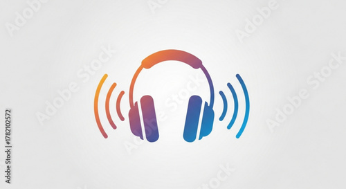 Colorful headphone icon with sound waves, representing music, audio, listening, and entertainment, promoting technology