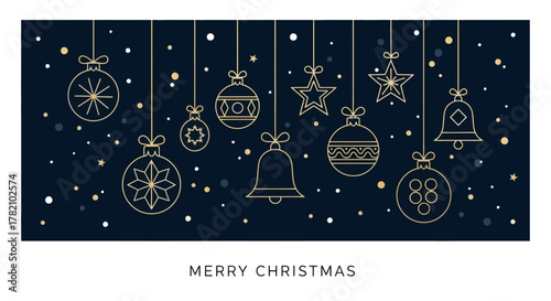 Elegant Christmas Ornaments on Dark Blue Background with Merry Christmas Text