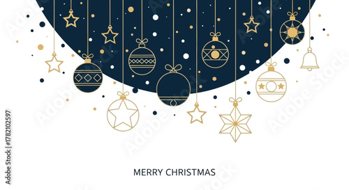 Christmas Ornaments on a Dark Background with Gold Stars, Baubles, and Decorations for Holiday Celebration
