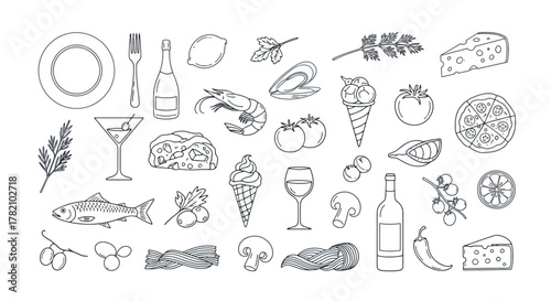 Italian Cuisine Elements Outline Illustration Pasta, Seafood, and More