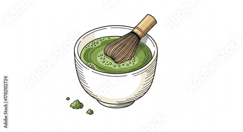 Matcha tea in a bowl with a whisk, a traditional japanese beverage made from powdered green tea leaves